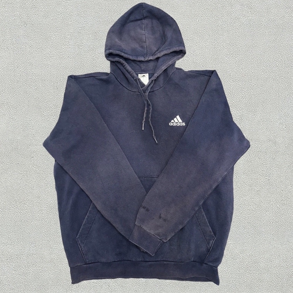 Adidas Essentials Hoodie Mens L Navy Blue Fleece Pullover Sweatshirt Faded Logo